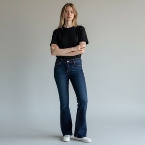 JOAN SMALLS X TRUE RELIGION - SIZE 28 - MID RISE, FLARE DARK WASH JEANS - B23